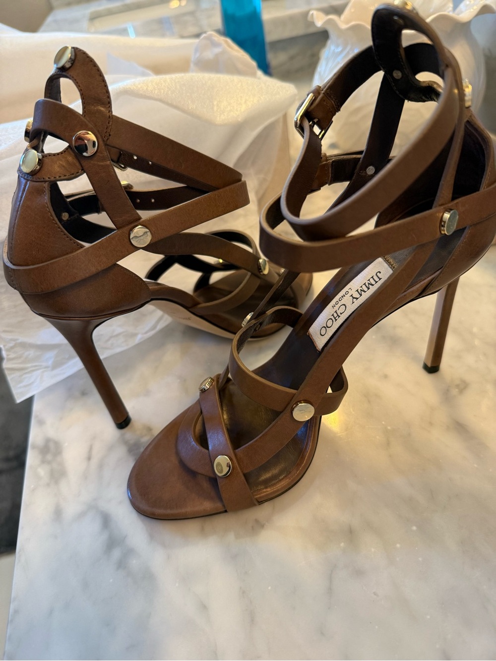 Jimmy Choo Brown Leather Stud Detail Strappy Stiletto Sandals